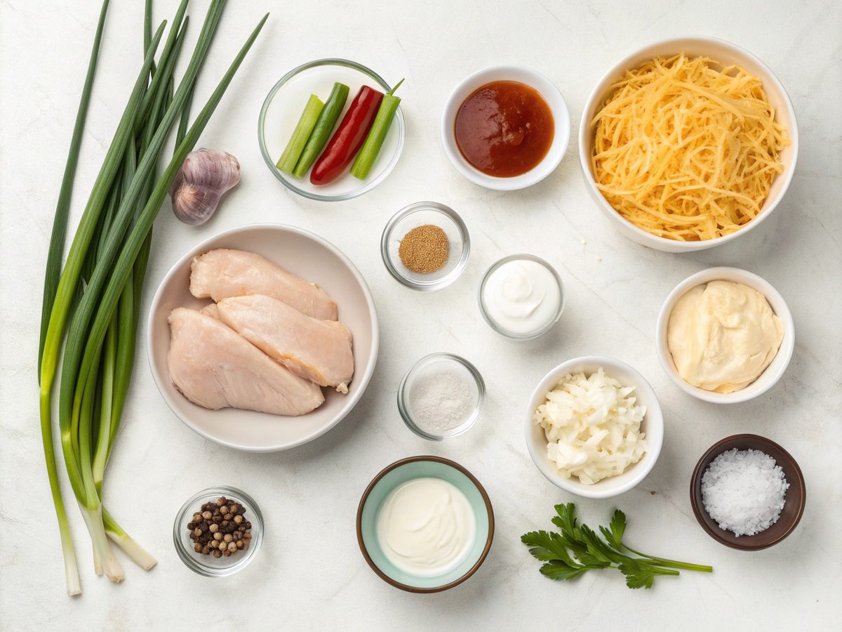 Ingredients for making Dairy-Free Buffalo Chicken Dip, including chicken, dairy-free cheese, and hot sauce.