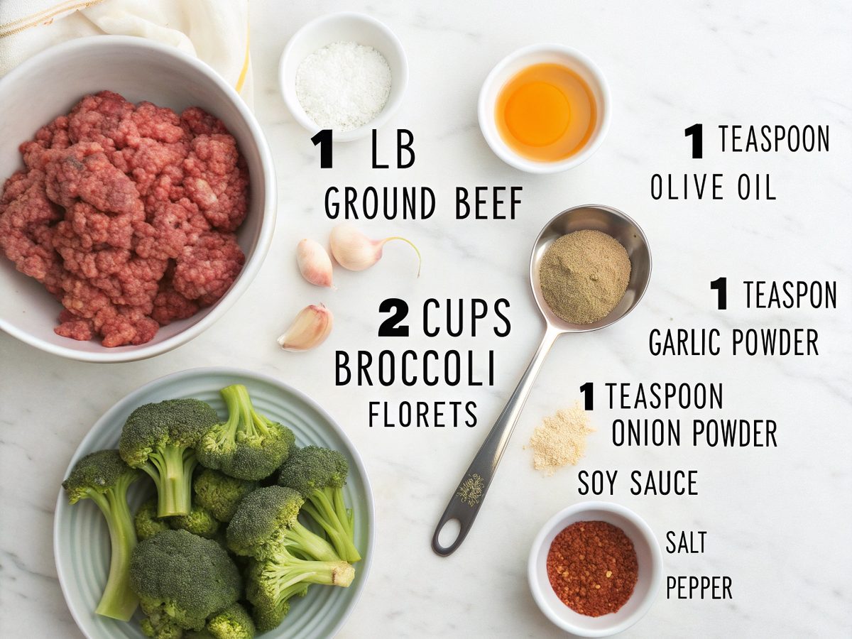 Flat lay of ingredients for low-carb ground beef broccoli recipe, including ground beef, broccoli, and spices.
