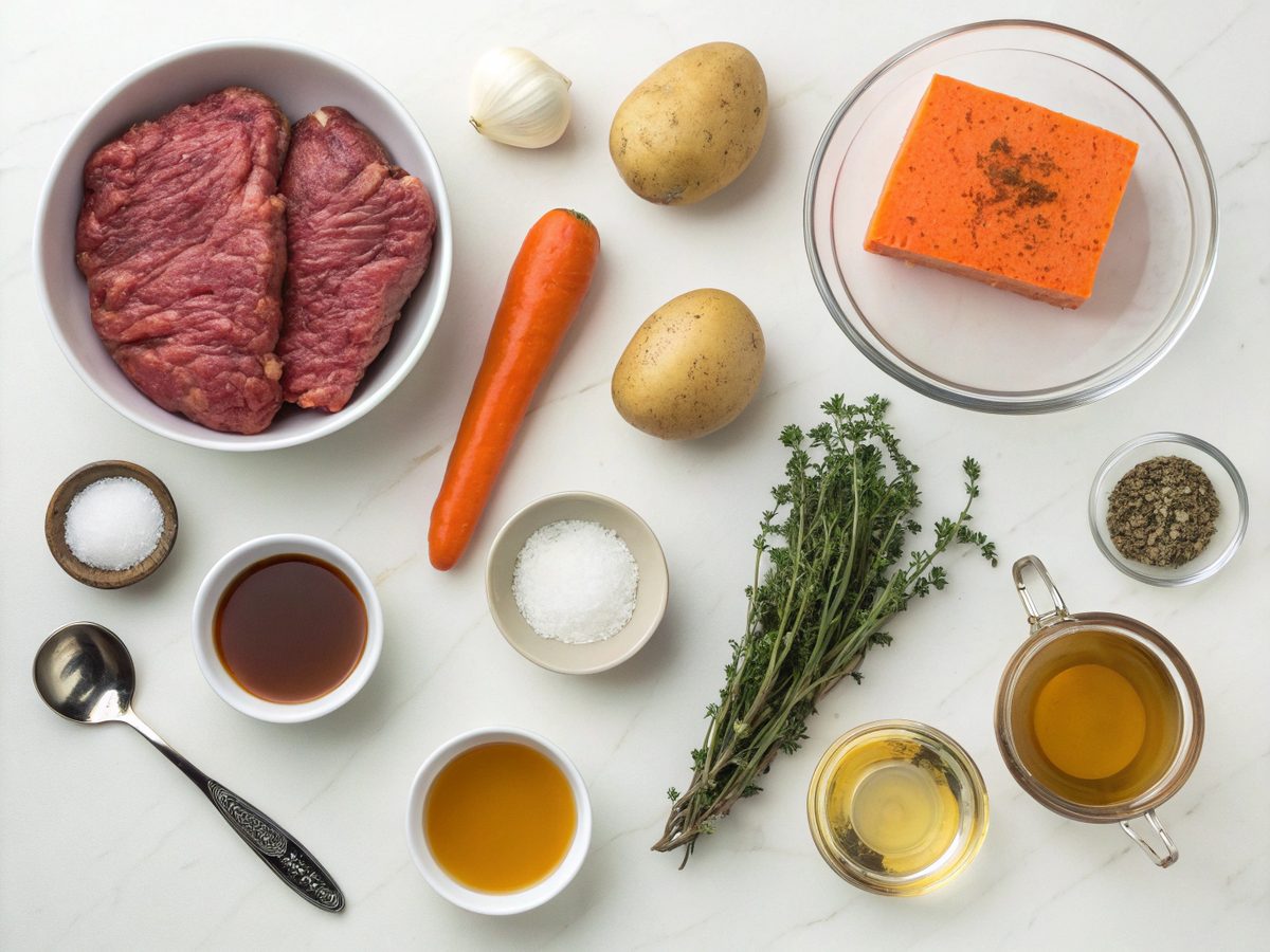 Ingredients for Slow Cooker Beef Stew with V8 Juice, including beef, V8, and seasonings