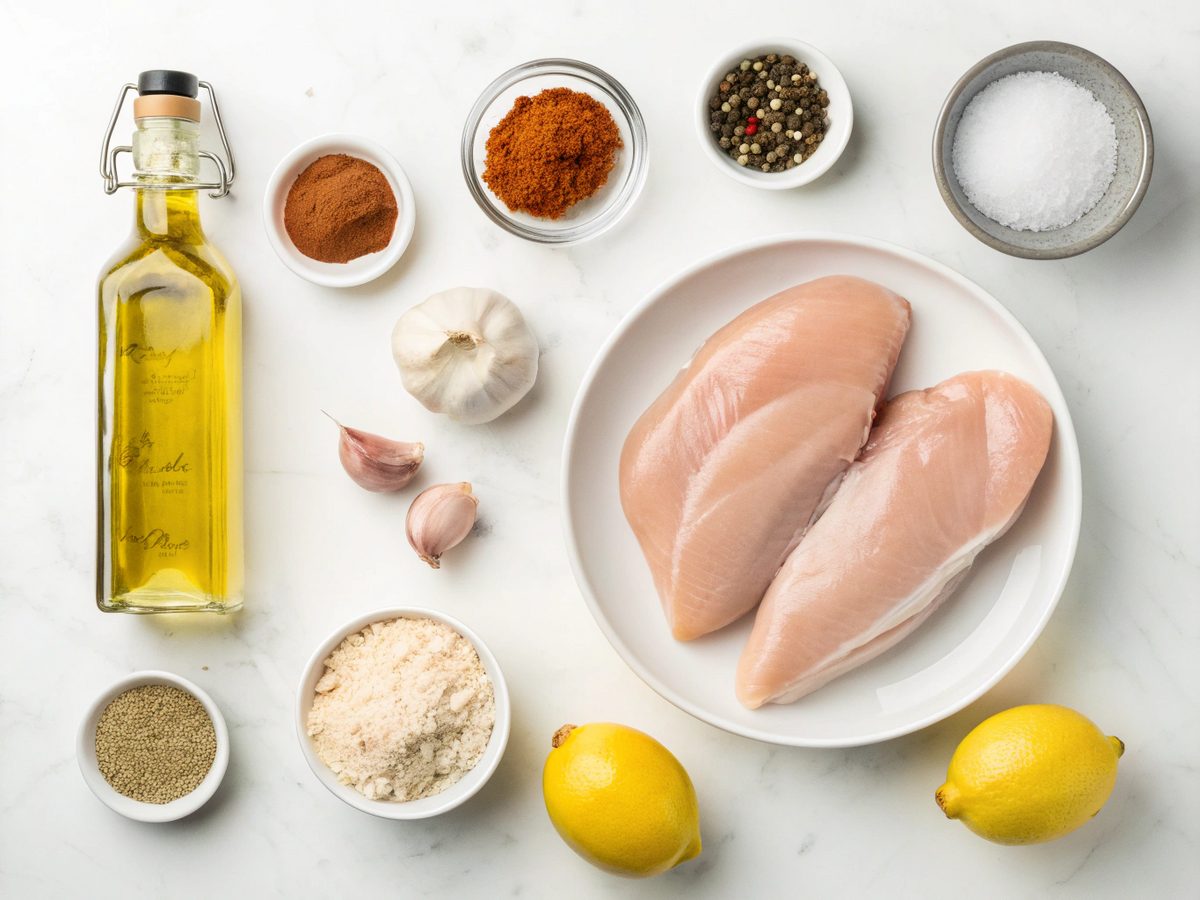 Ingredients for slow cooker chicken breast including chicken, spices, and stock