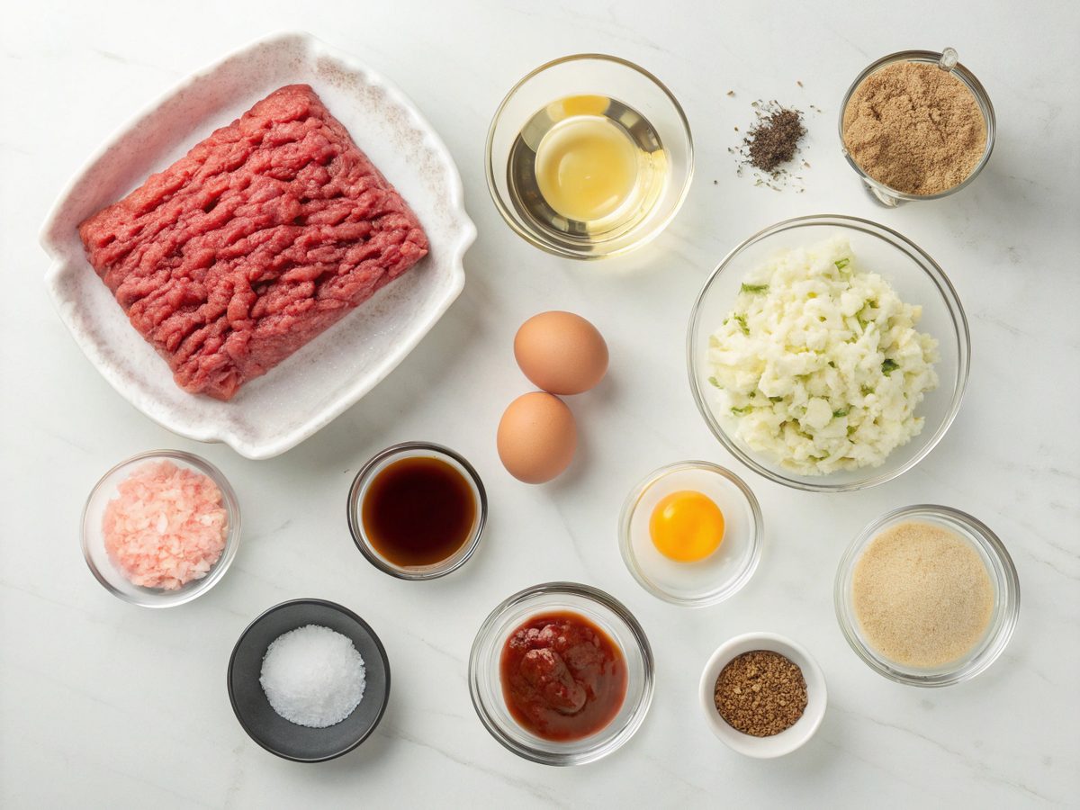 Preparation of Salisbury steak recipe: key ingredients on display.