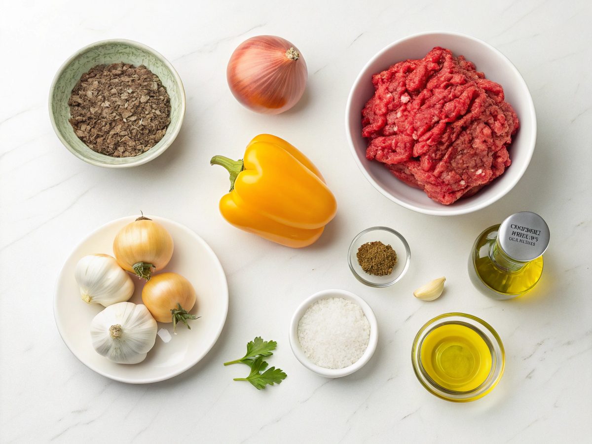 Illustration showing the colorful and fresh ingredients for weeknight ground beef recipes.
