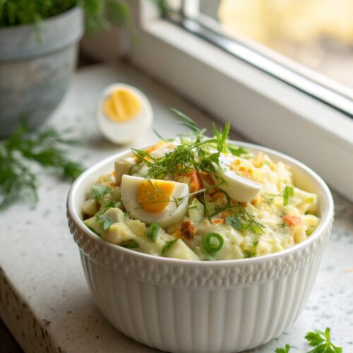 Vibrant high protein egg salad close-up with lettuce leaf