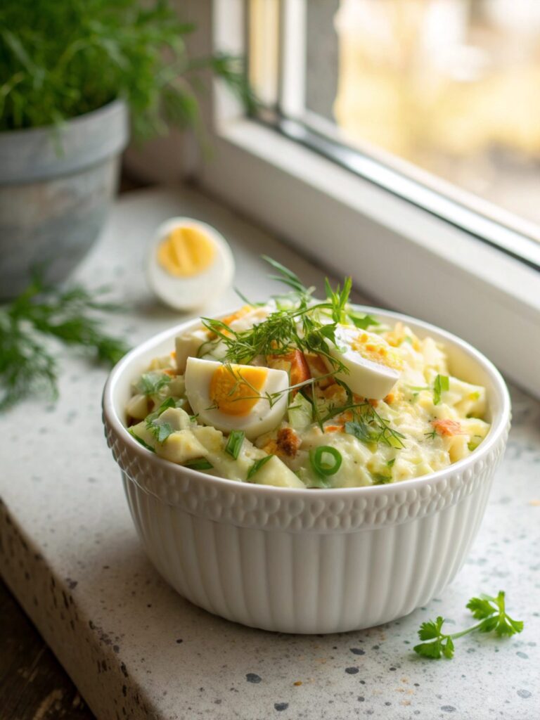 Vibrant high protein egg salad close-up with lettuce leaf