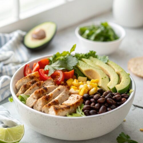SEO-friendly featured image showing the completed low carb burrito bowl