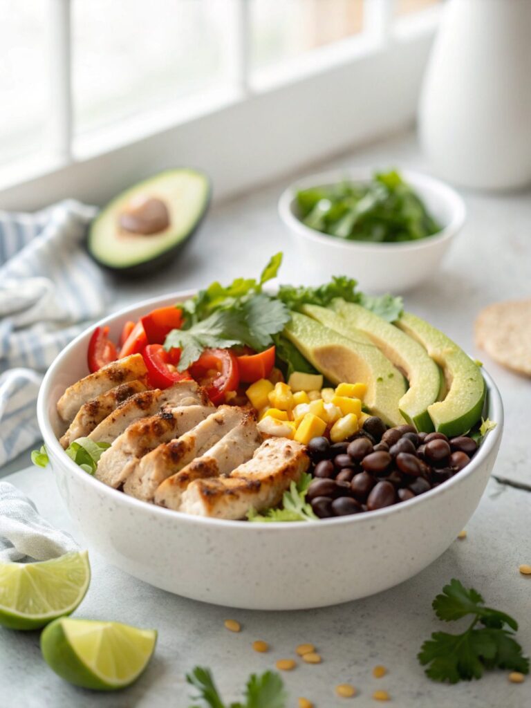 SEO-friendly featured image showing the completed low carb burrito bowl