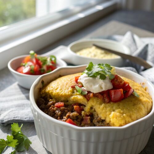 Close-up featured image of a beautifully baked Texas Tamale Pie.