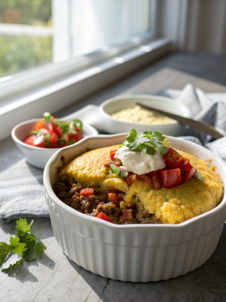 Close-up featured image of a beautifully baked Texas Tamale Pie.