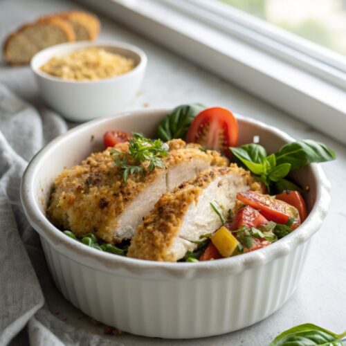 A perfectly cooked plate of baked parmesan crusted chicken