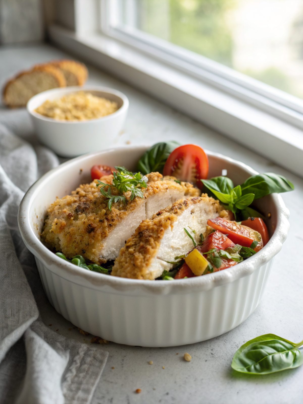 A perfectly cooked plate of baked parmesan crusted chicken