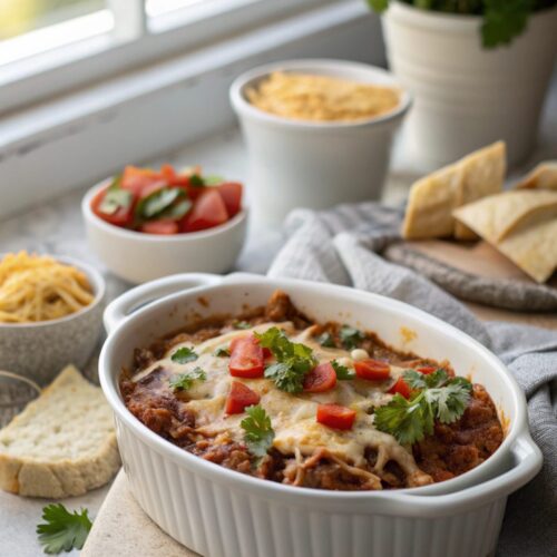Featured image of beef enchilada casserole with cheese on top