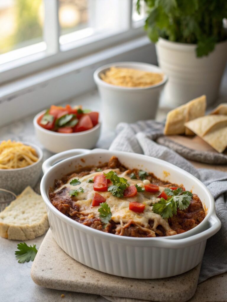 Featured image of beef enchilada casserole with cheese on top
