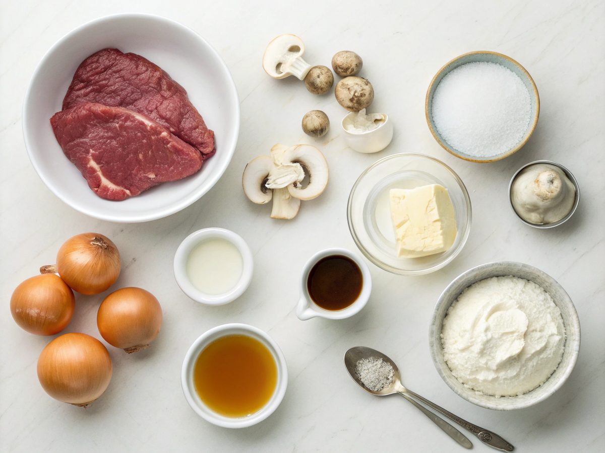 Ingredients laid out for making beef stroganoff mushroom soup