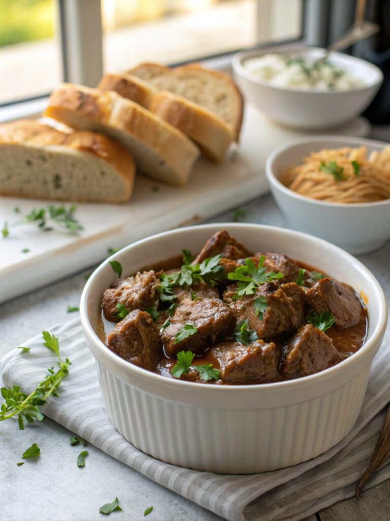 Close-up of a savory beef tips gravy recipe in a dish