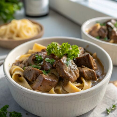Rich beef tips in mushroom gravy, beautifully served