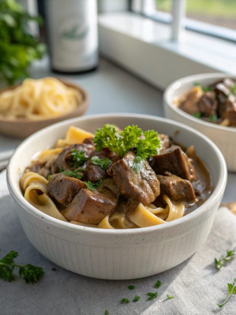 Rich beef tips in mushroom gravy, beautifully served