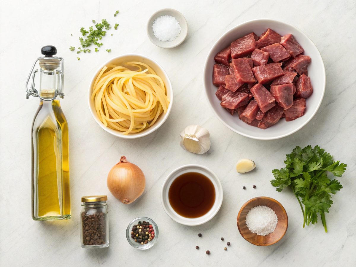Ingredients needed for a beef tips noodles recipe