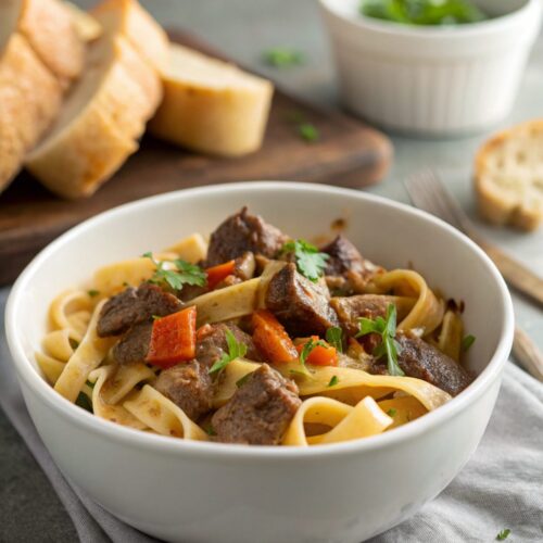 SEO-friendly alt text describing the featured image, including the beef tips noodles recipe