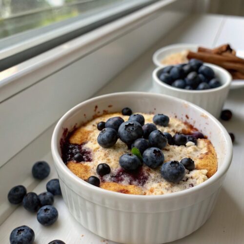 Blueberry Cottage Cheese Breakfast Bake with golden crust and fresh blueberries