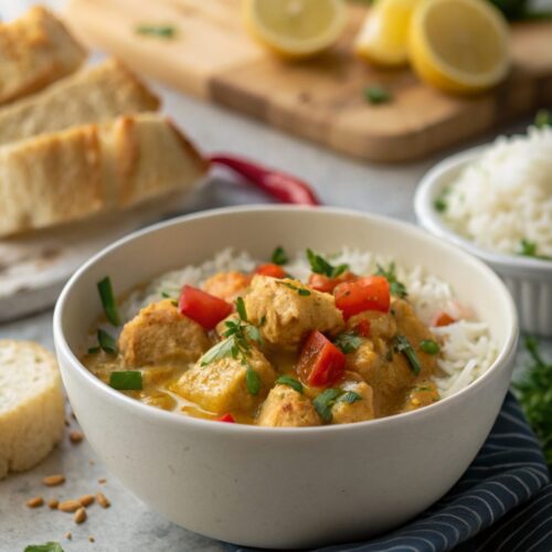 A delicious bowl of Brazilian Coconut Chicken Recipe ready to be served.