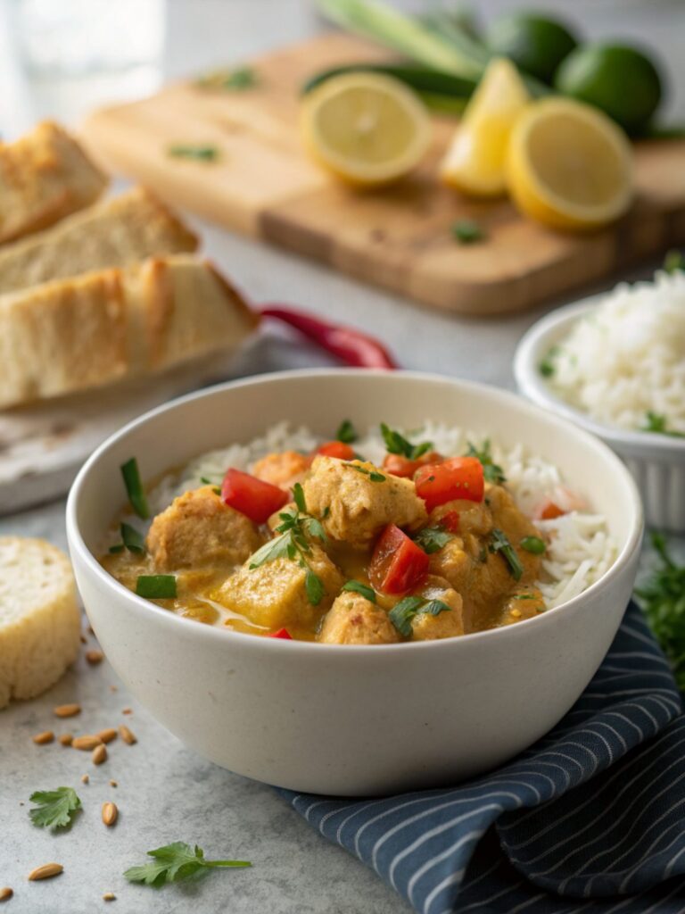 A delicious bowl of Brazilian Coconut Chicken Recipe ready to be served.