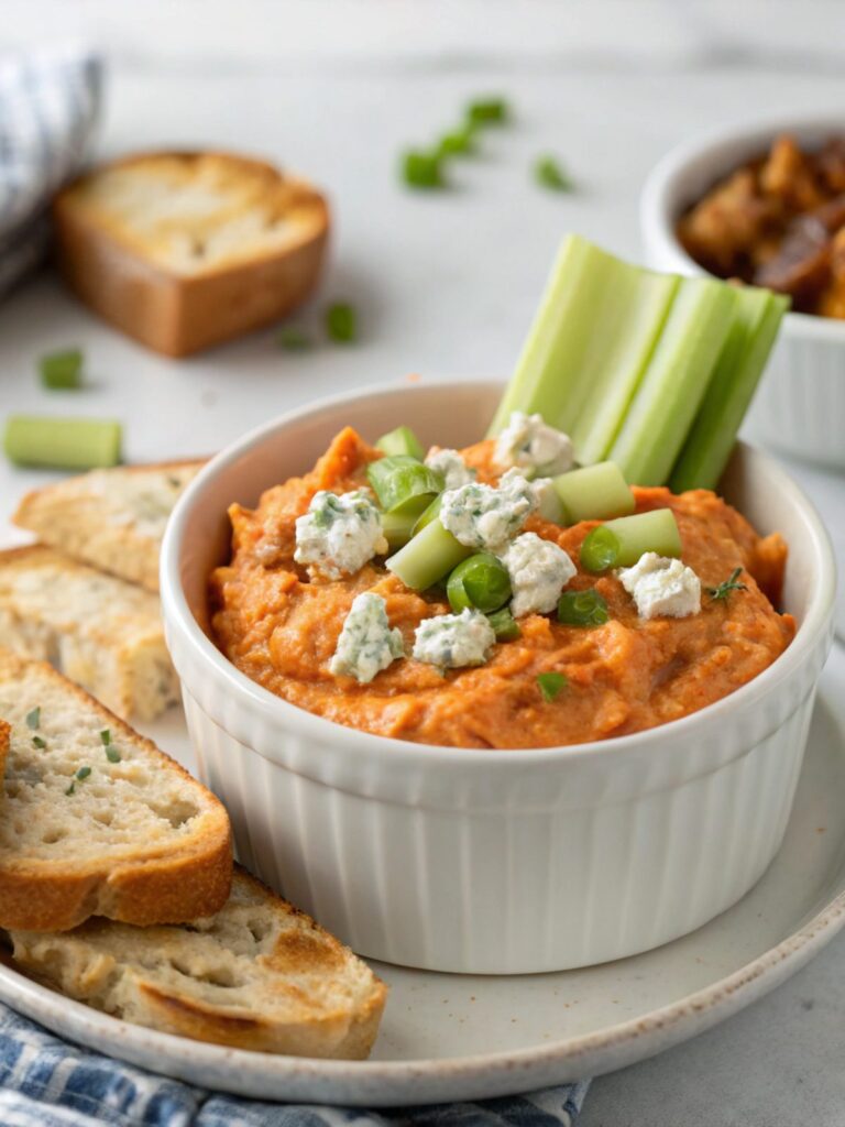 A close-up view of Buffalo Chicken Dip in a serving dish.