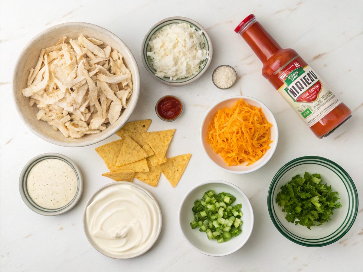 An arrangement of ingredients for Buffalo Chicken Dip.