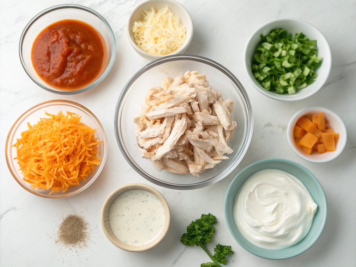 Flat lay of buffalo chicken dip ingredients