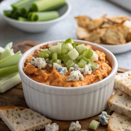 SEO-friendly alt text describing the featured image of Buffalo Chicken Dip, hot and cheesy.