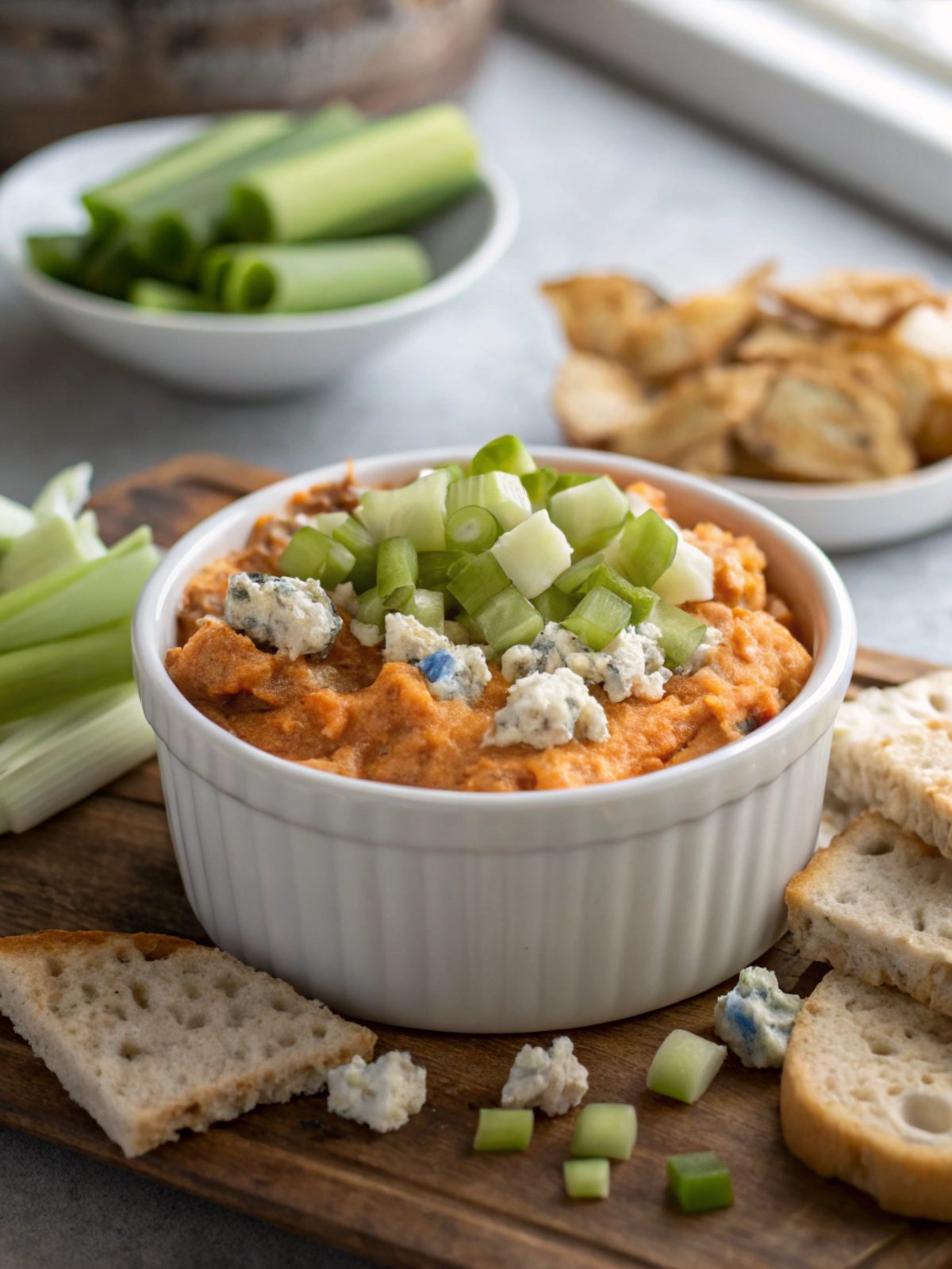 SEO-friendly alt text describing the featured image of Buffalo Chicken Dip, hot and cheesy.