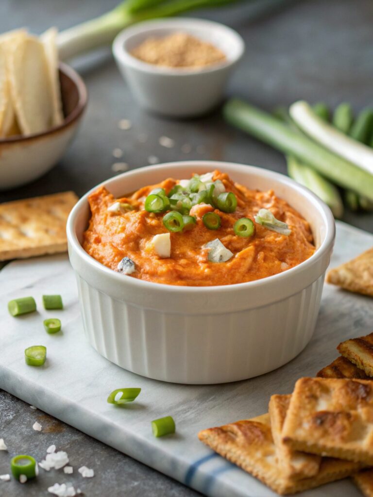 A stylish view of buffalo chicken dip ready to serve
