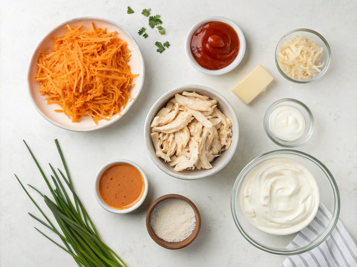 Flat lay of ingredients for the Buffalo Chicken Dip Recipe, including chicken, Buffalo sauce, ranch dressing, and cheeses.