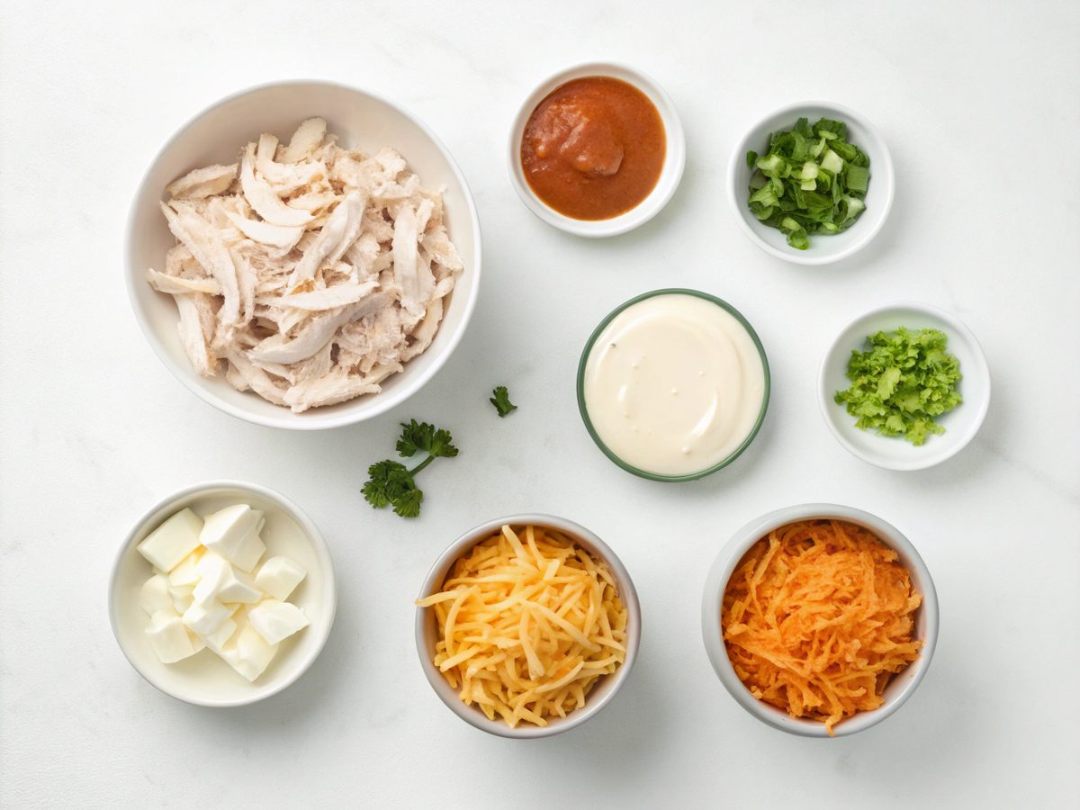 A visual of ingredients used for the buffalo chicken dip recipe