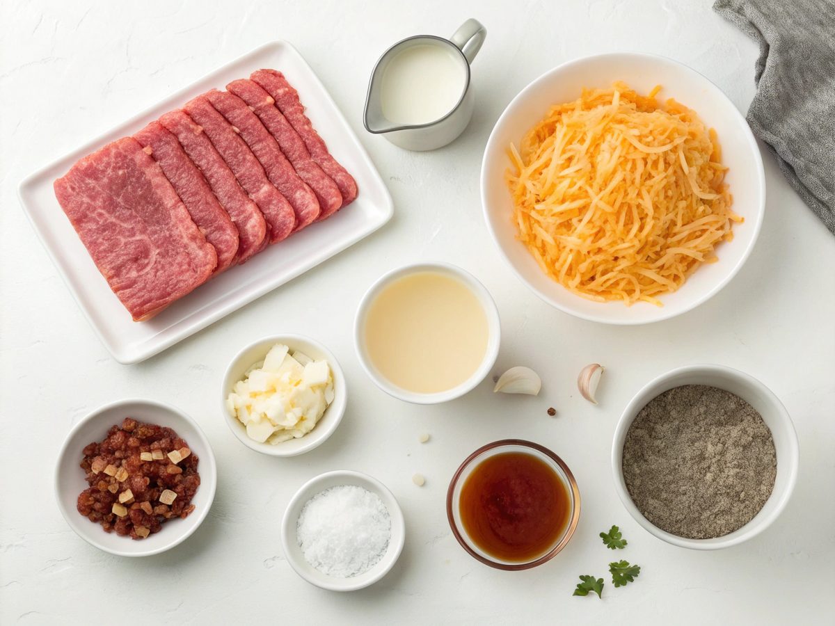 Ingredients for making carnivore bacon cheeseburger soup arranged on a kitchen counter
