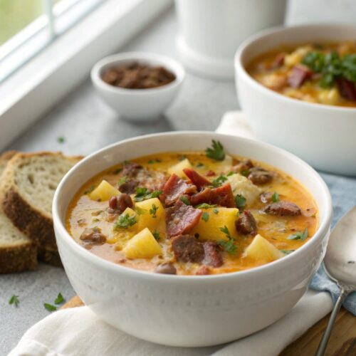 Featured image of carnivore bacon cheeseburger soup in a bowl, garnished and ready to enjoy.