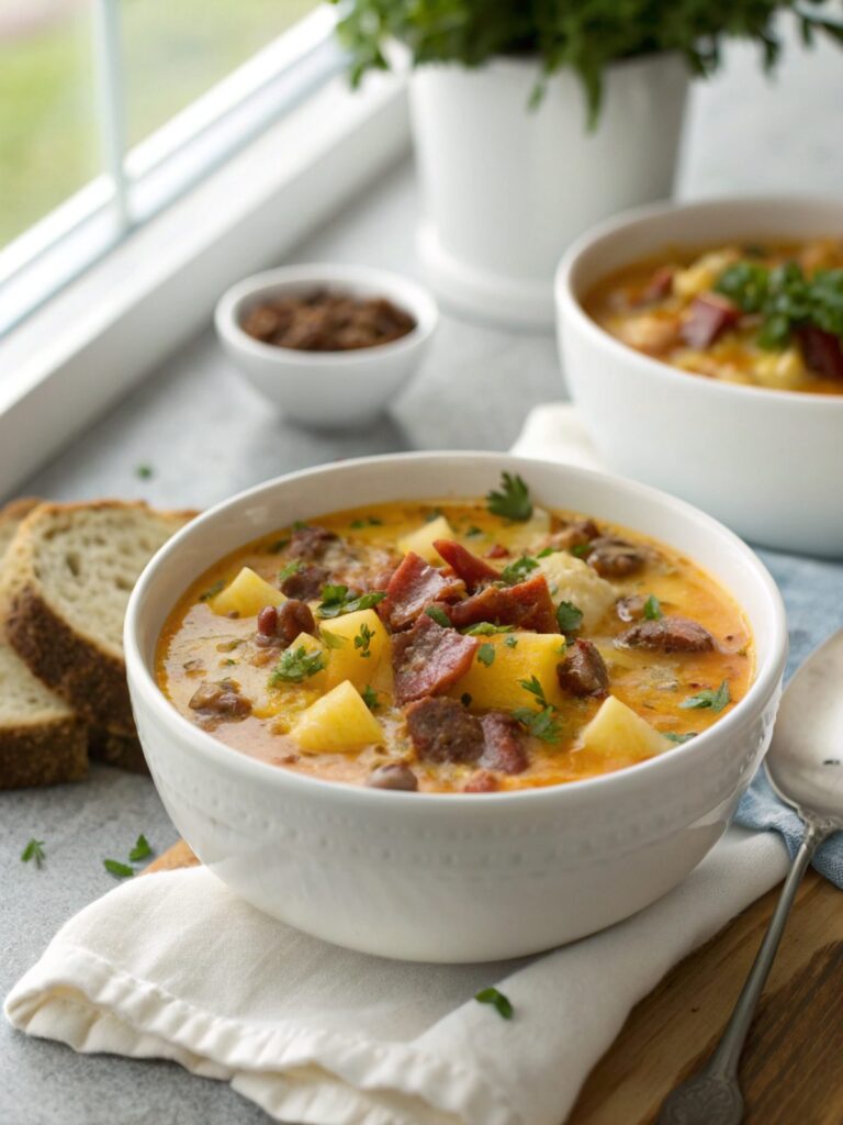 Featured image of carnivore bacon cheeseburger soup in a bowl, garnished and ready to enjoy.