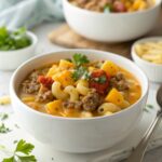 Close-up image of Cheeseburger Macaroni Soup served in a bowl