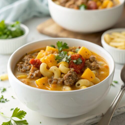Close-up image of Cheeseburger Macaroni Soup served in a bowl