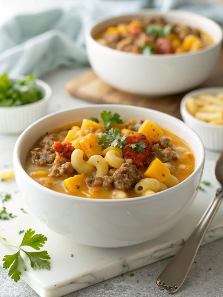 Close-up image of Cheeseburger Macaroni Soup served in a bowl