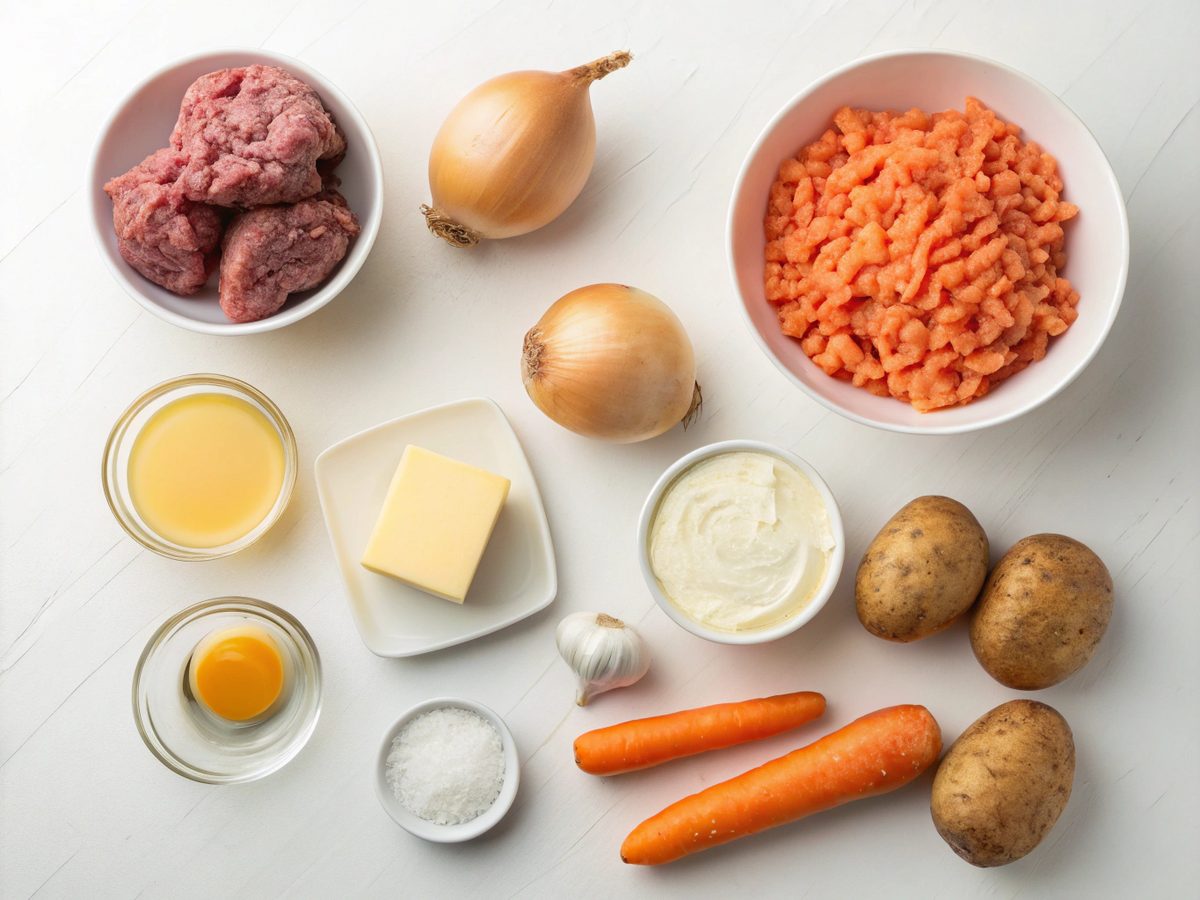 Flat lay of cheesy cheeseburger soup ingredients.