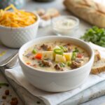 Classic Cheesy Hamburger Potato Soup served in a white bowl