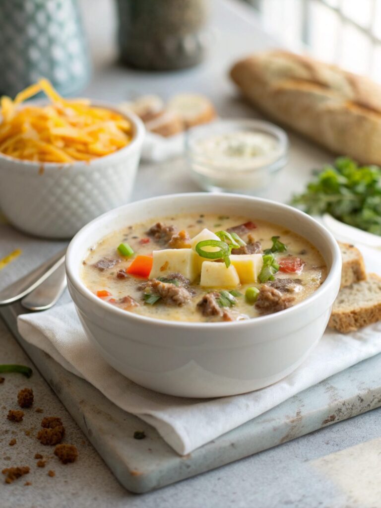 Classic Cheesy Hamburger Potato Soup served in a white bowl