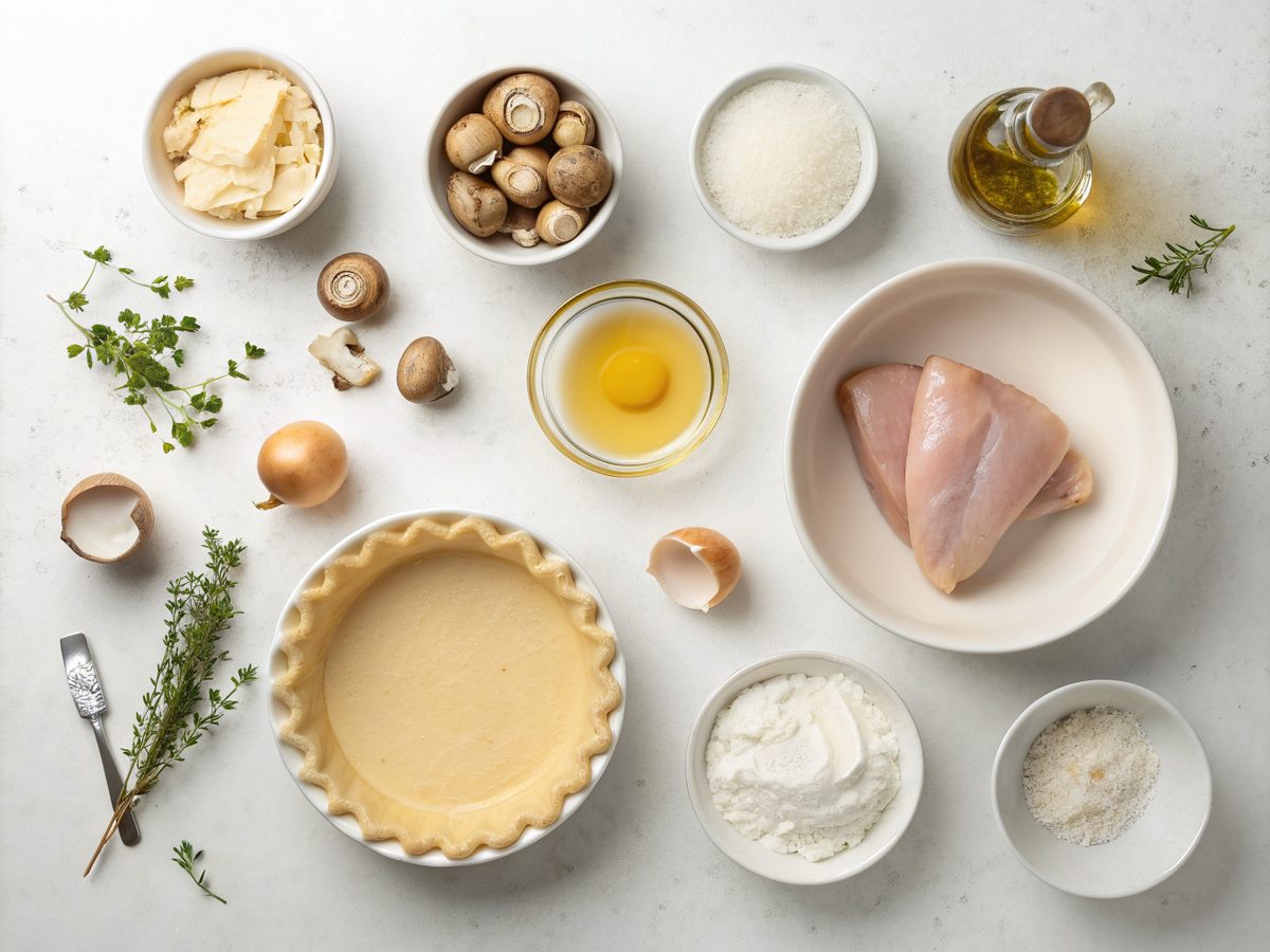 Flat lay of ingredients for Chicken Mushroom Pie including chicken, mushrooms, and pie crusts.