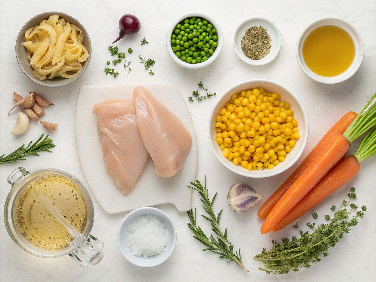 Ingredients for Chicken Pot Pie Pasta recipe preparation