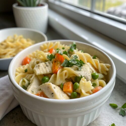 A delightful serving of Chicken Pot Pie Pasta, brimming with creamy, colorful ingredients.