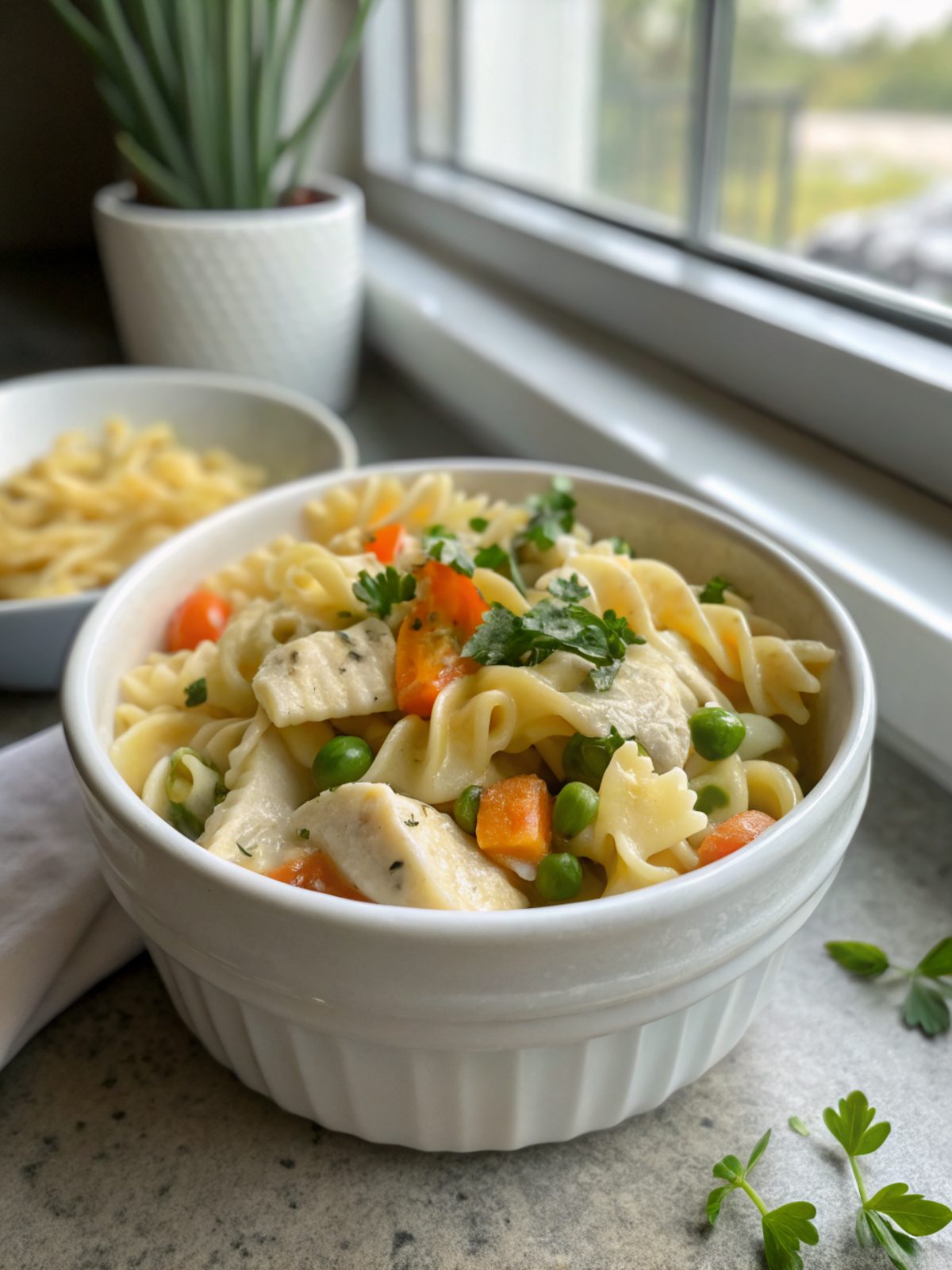 A delightful serving of Chicken Pot Pie Pasta, brimming with creamy, colorful ingredients.