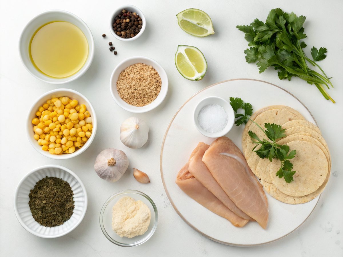 Ingredients for Chicken Street Tacos Recipe laid out for a colorful presentation.