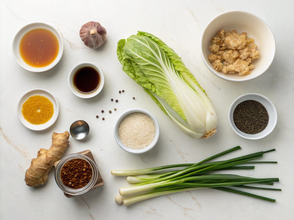 Ingredients for Chinese cabbage stir fry arranged on a kitchen surface.