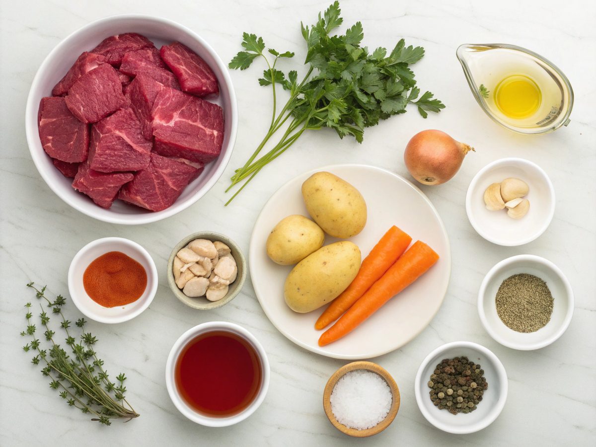 Ingredients for classic beef stew recipe including beef, vegetables, and herbs.