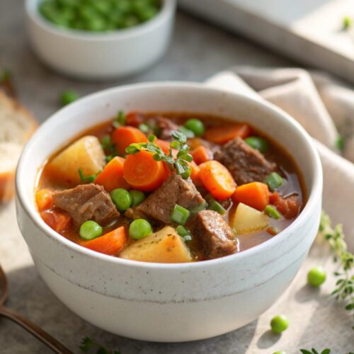 Classic beef stew served in a bowl with fresh herbs.